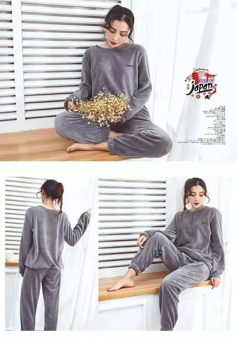 Pijamas de invierno de franela cálida para mujer, ropa de ocio gruesa, conjunto de pijamas lisos de manga larga de terciopelo Coral sencillo, 2025-26