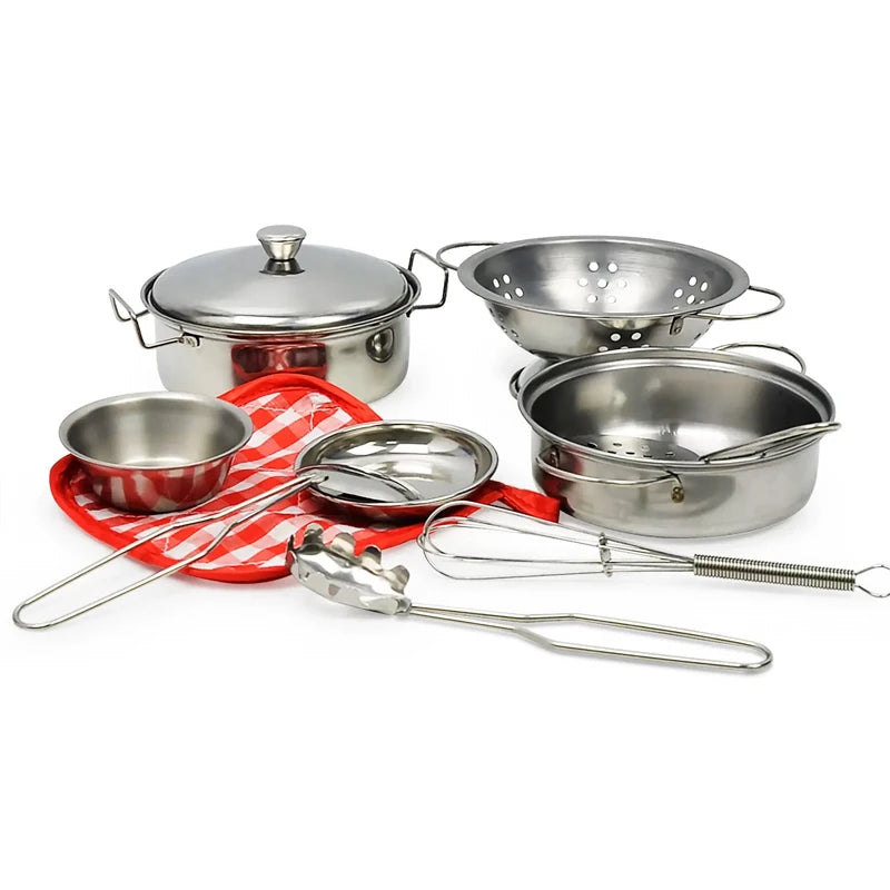 Accesorios para juego de imitación de cocina, juguetes con utensilios de cocina de acero inoxidable, juego de ollas y sartenes, utensilios de cocina, herramienta de aprendizaje para regalos