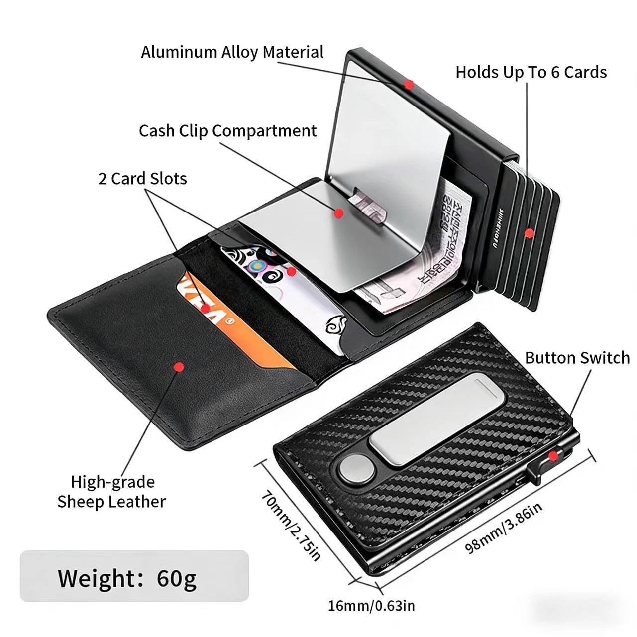 Cartera minimalista de metal para hombre con compartimento para monedas con cremallera y protección RFID