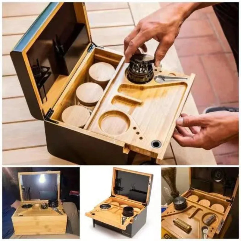 Cofre de almacenamiento de bambú Premium, bandeja rodante móvil, caja de madera, organizador triturador, accesorios para fumar, herramientas, decoraciones de mesa