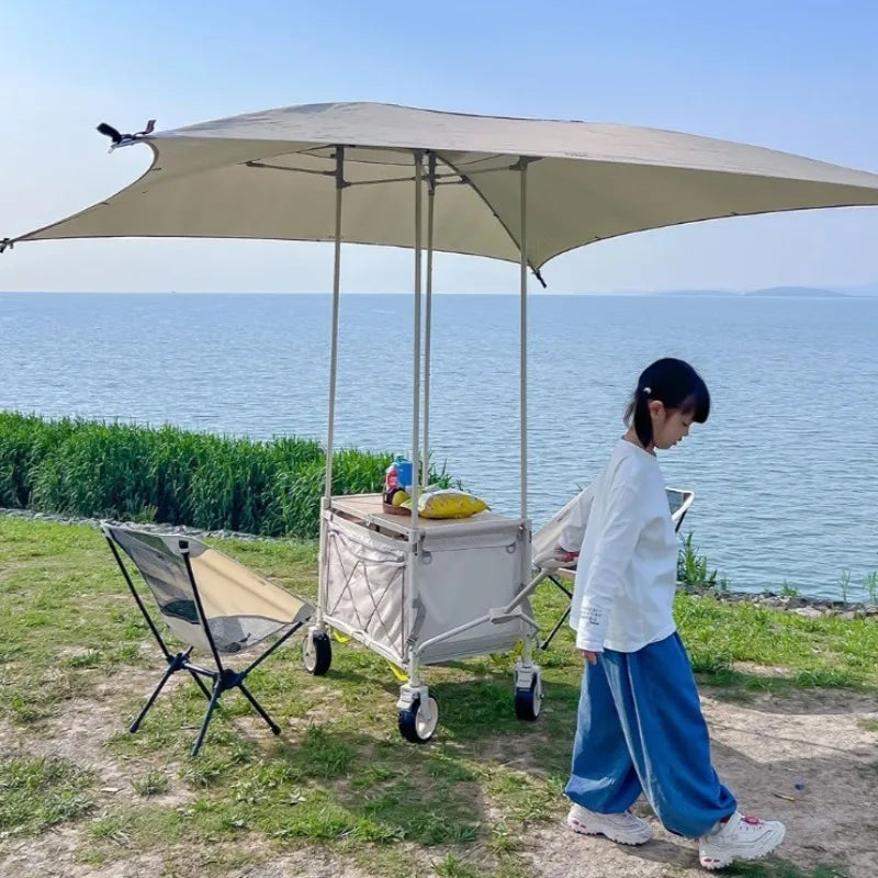 Carro de Camping plegable con sombrilla, carrito de mano de almacenamiento multifuncional portátil de viaje, herramientas útiles y prácticas para acampar al aire libre