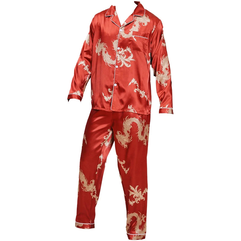 Pijamas de seda de hielo para hombre ropa de dormir de manga larga dragón chino año del zodiaco rojo talla grande primavera y otoño 2024