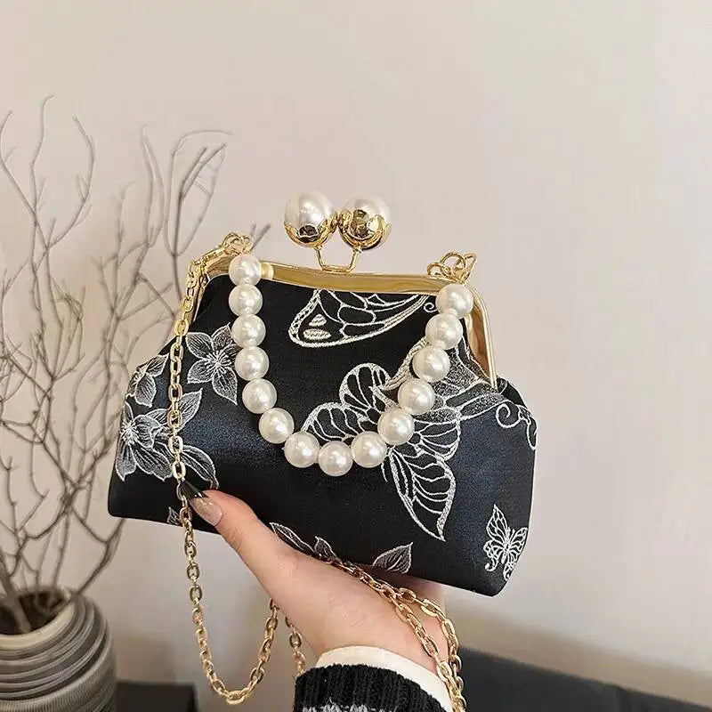 Bolso de mano bordado de estilo bohemio para mujer, bolsos de hombro con patrón floral, elegante bolso con correa de cadena y asa de metal, cartera de regalo