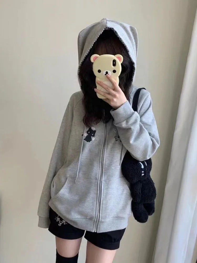 Ropa de Mujer, sudaderas con capucha bonitas japonesas, abrigos con estampado de gato bonito, sudaderas con capucha Y2K, Tops, Ropa de Mujer, Sudadera con capucha holgada informal con cremallera