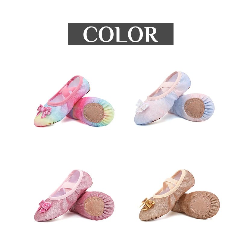 Zapatos de baile para niños, zapatos planos de Ballet para niñas, lazo de arcoíris, lentejuelas, cuero, suela blanda, actuación
