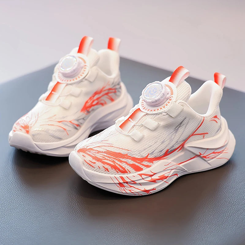 Zapatillas de deporte para estudiantes, bonitos zapatos para correr con grafiti para niños, botón giratorio, otoño 2025, nuevos zapatos de baloncesto para niños, fondo suave