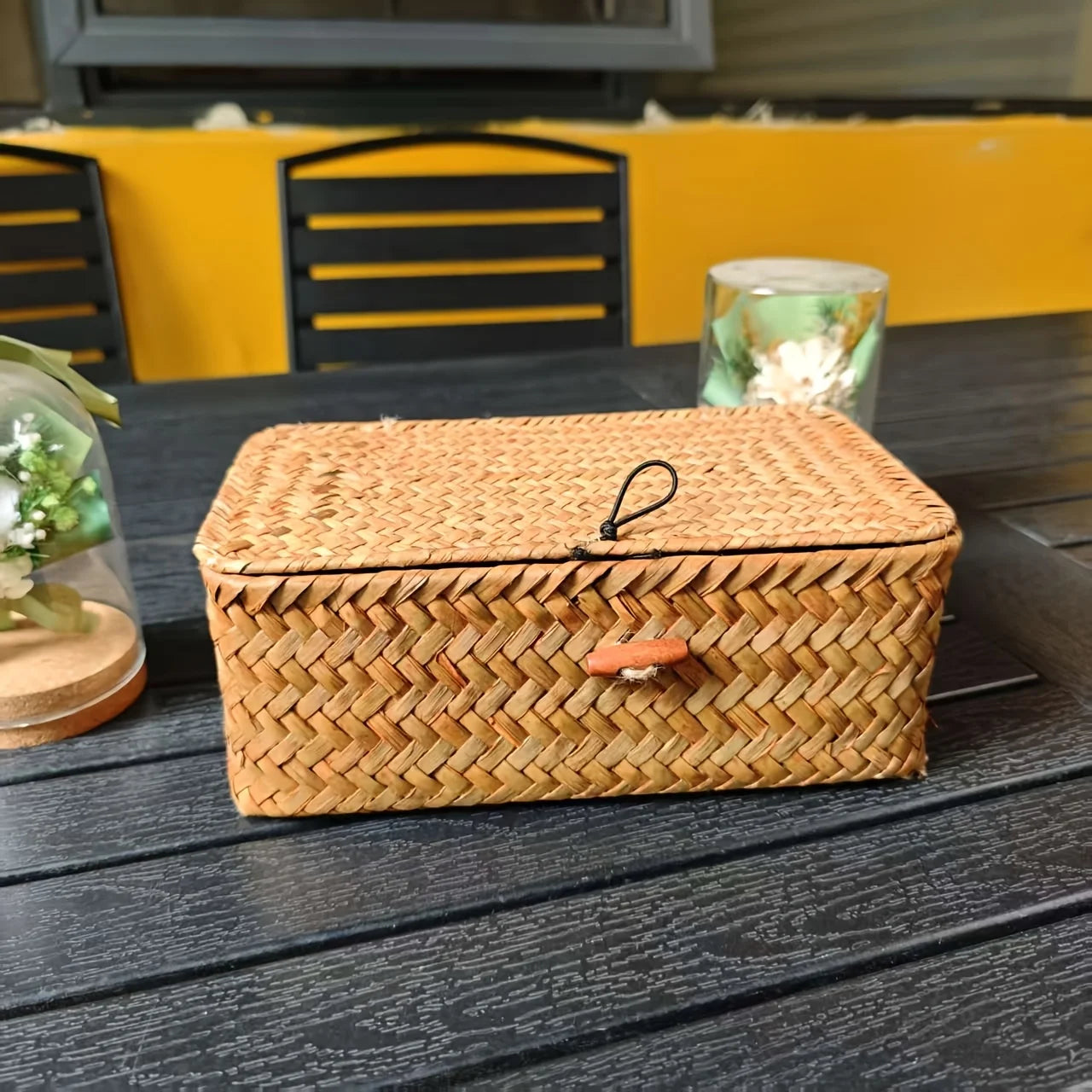 Cesta de almacenamiento Vintage tejida, decoración Pastoral bohemia para el hogar, caja de almacenamiento cubierta, caja de almacenamiento de escritorio, cesta Pastoral