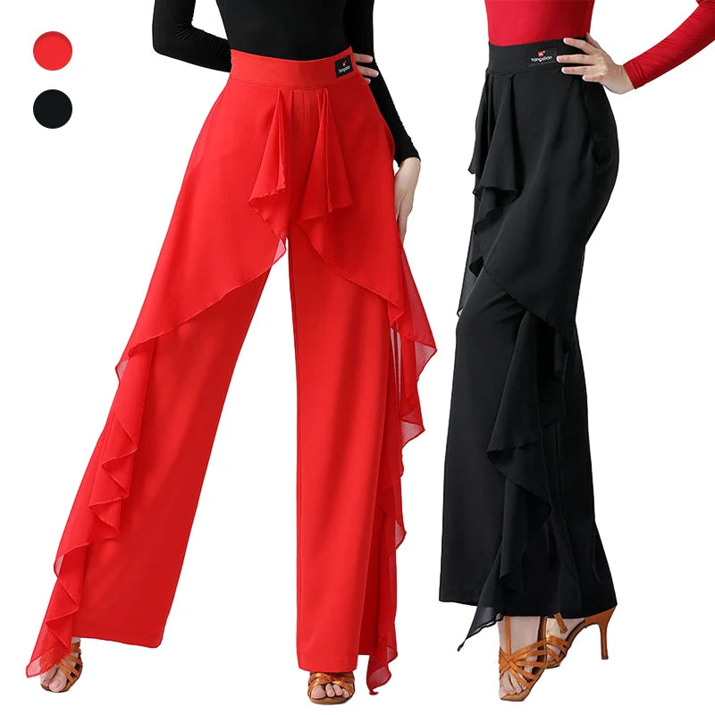 Pantalones de baile latino para mujer, pantalones anchos con volantes de cintura alta para baile moderno, pantalones de salón Tango Samba, traje de práctica de actuación