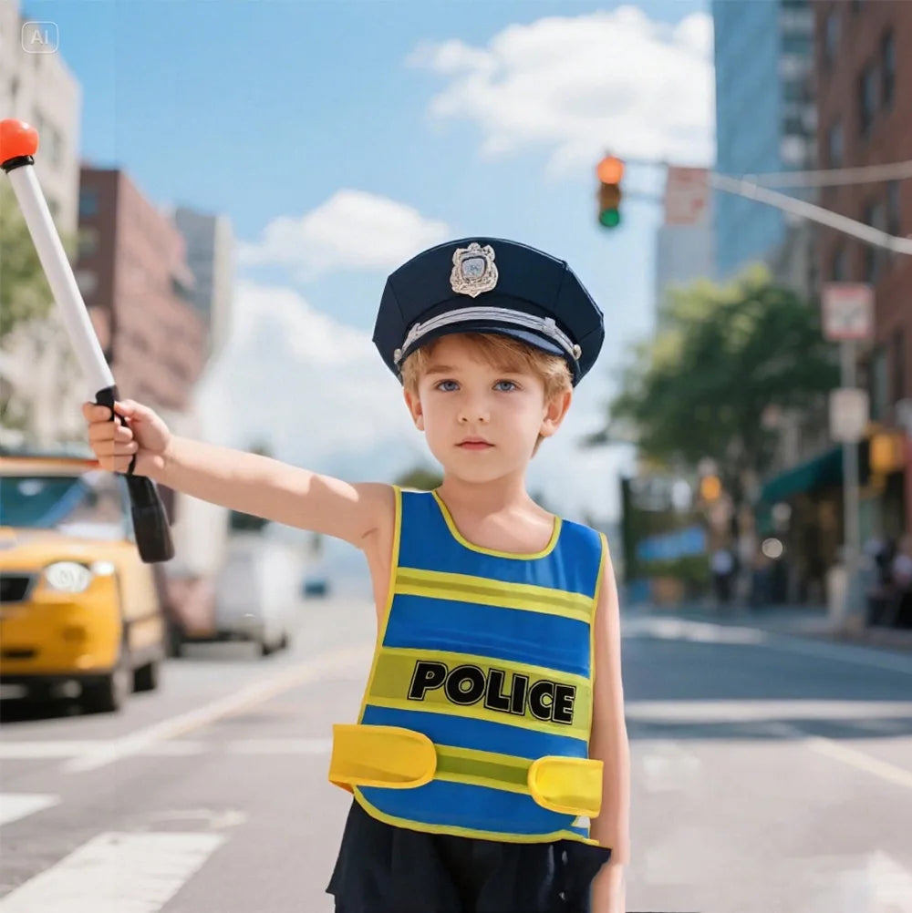 Dos tipos de disfraces de rol profesionales, bomberos, chalecos de juego de rol de policía de tráfico, accesorios de juego para niños