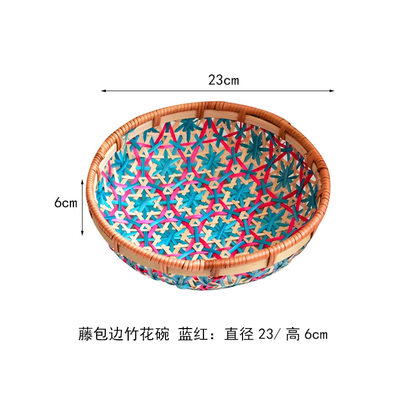 Cesta tejida colorida hecha a mano, bandeja de almacenamiento de aperitivos de frutas secas, cestas de almacenamiento de aperitivos de frutas secas hechas de bambú, cesta de picnic de frutas