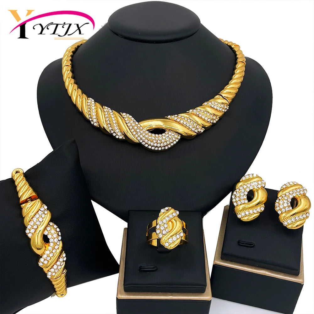 YTJX Juego de joyería de boda de 4 piezas, collar de circón fino, pulsera, pendiente, anillo para accesorios de joyería chapados en oro africano de Dubai