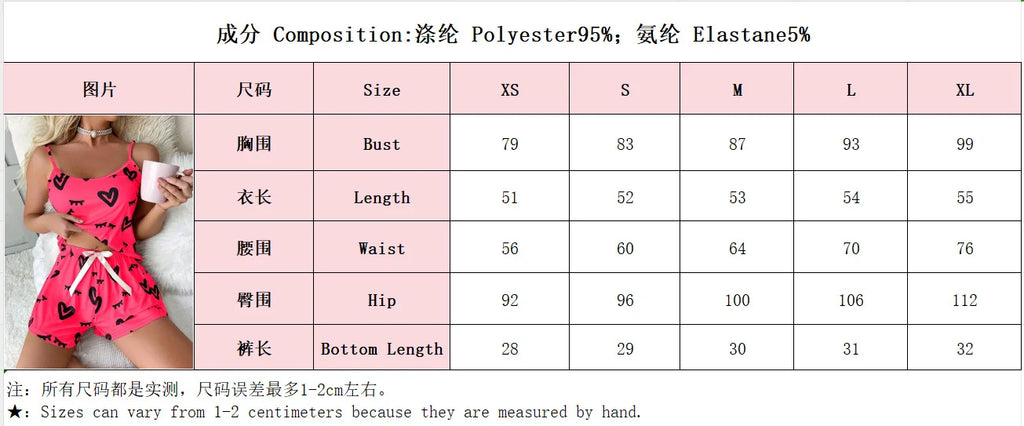 Pijama para Mujer 2 Piezas - Estampado de Corazón, Camisola + Pantalones Cortos |   Ropa de Dormir Veraniega Bonita y Cómoda para