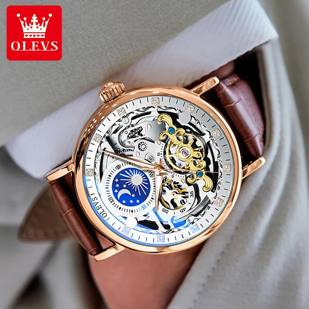 OLEVS Relojes de esqueleto, reloj mecánico automático para Hombre, reloj deportivo Tourbillon, reloj de pulsera informal de negocios con forma de Luna, Relojes para Hombre
