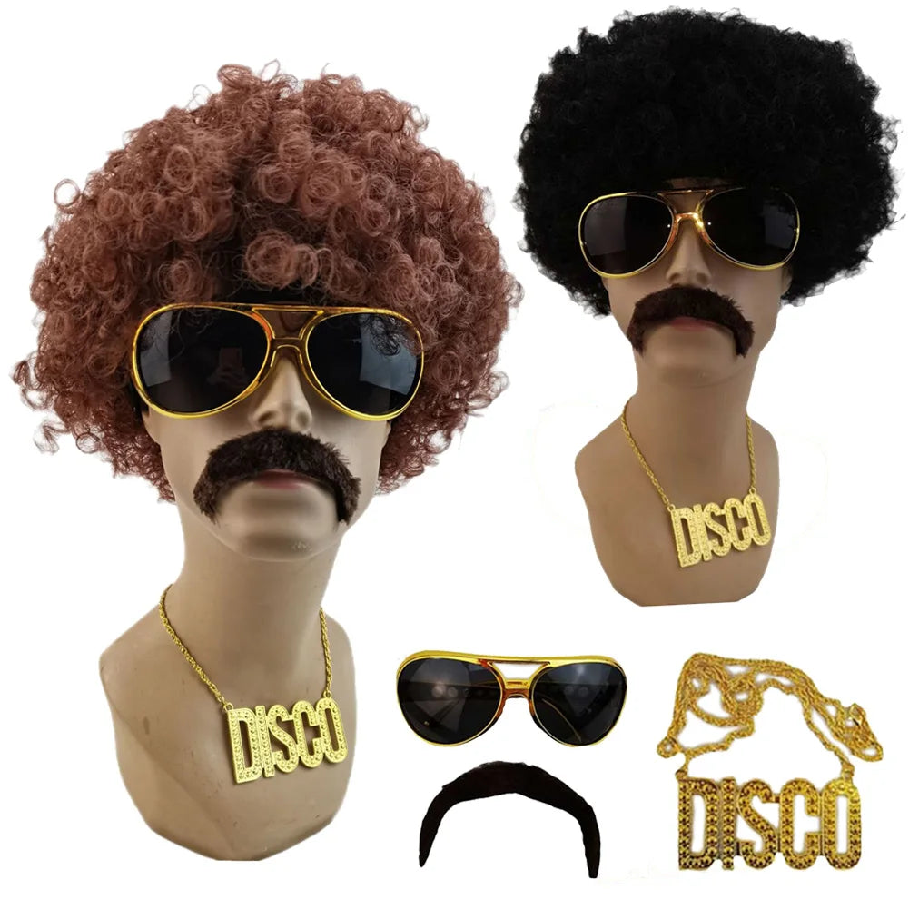 Pelucas de pelo Afro de fantasía para hombres, collar de anteojos, accesorios de disfraz, fiesta de discoteca, accesorios de fantasía, Cosplay Hippie, 70s, 80s