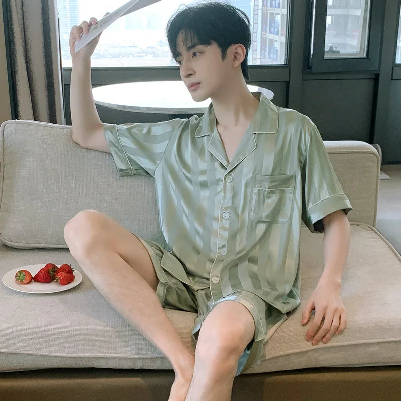 Pijamas para hombre, Primavera Verano, seda fina de hielo, lujoso, holgado, traje para el hogar, conjunto de pijamas de satén para hombre, conjunto de pijamas de noche para hombre