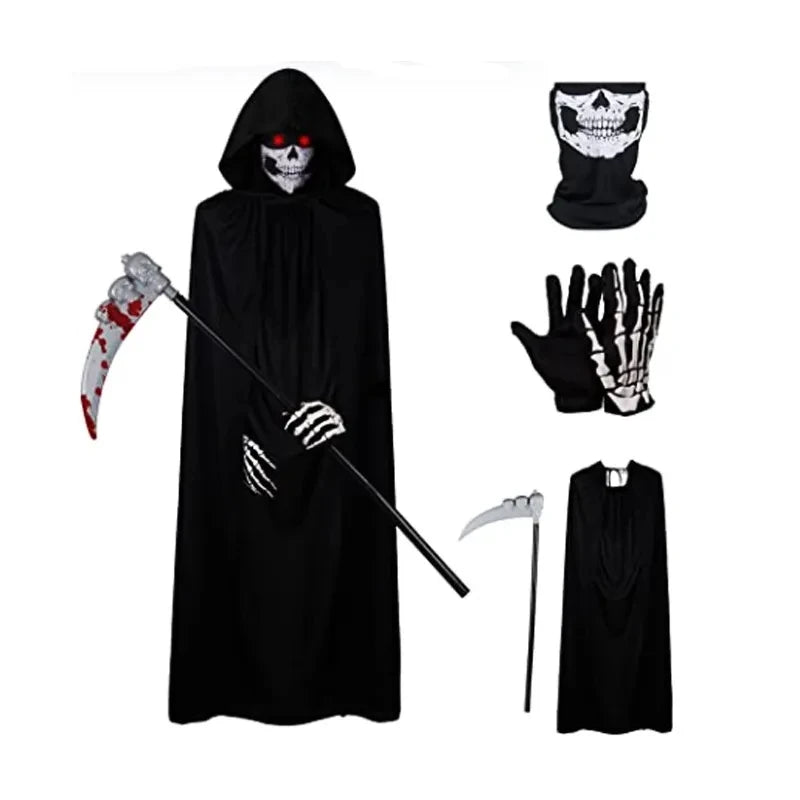 Disfraz de Grim Reaper para Halloween, terrorífico disfraz de esqueleto para niños y adultos, Túnica de fantasma y hoz, 2025