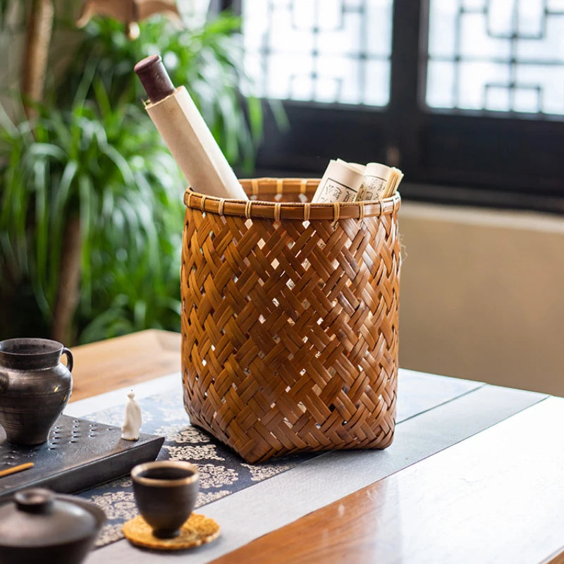 Cesta de bambú púrpura antigua hecha a mano, organizador multifuncional, soporte de papel decorativo para flores, contenedor de almacenamiento para el hogar