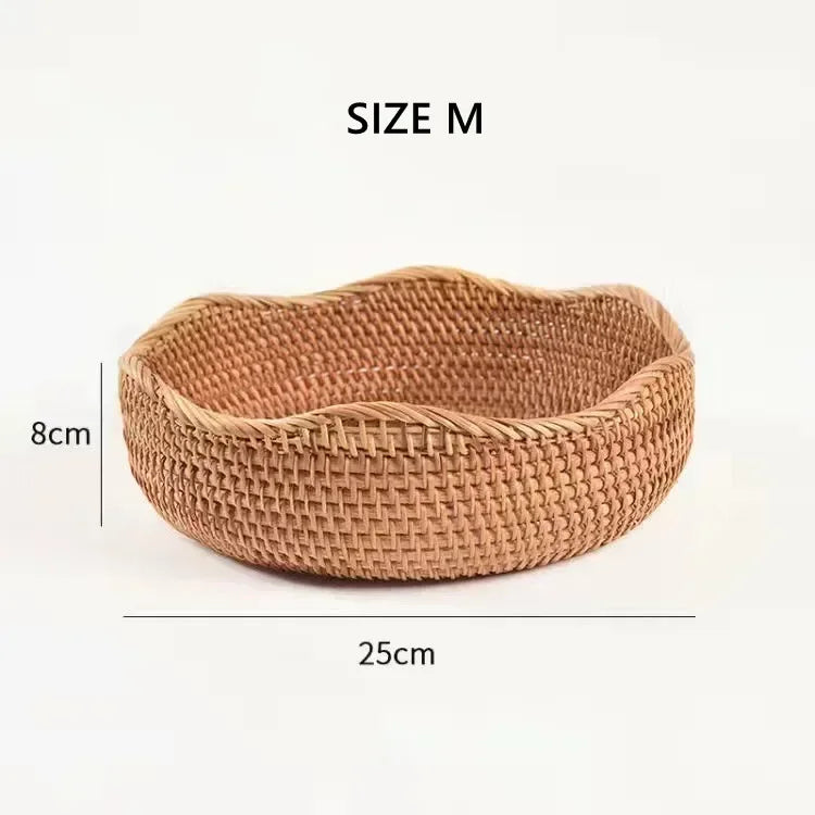 Cesta redonda de ratán para fruta, bandeja tejida de mimbre para aperitivos, organizador de alimentos para pan, almacenamiento de cocina, decoración del hogar