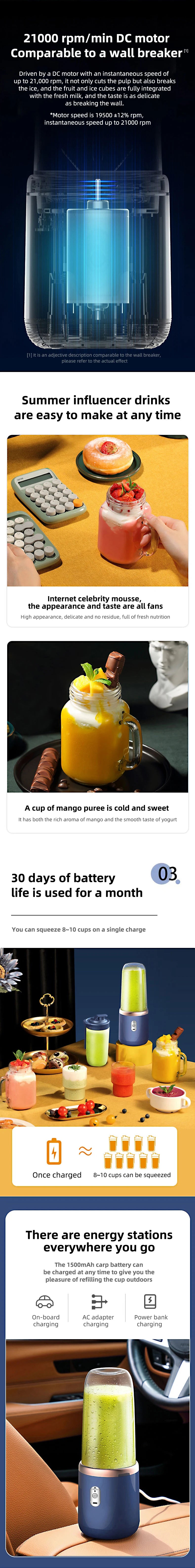 Botella de licuadora portátil, licuadora de jugo multifunción eléctrica de 6 hojas, licuadora de batidos de jugo fresco, trituradora de hielo, procesador de alimentos
