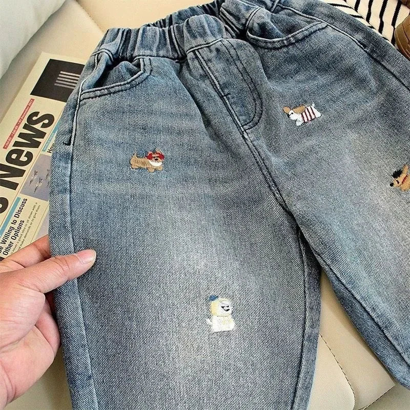 Pantalones vaqueros de primavera para niños y niñas, pantalones vaqueros bordados con dibujos de cachorros de 2 a 7 años, pantalones holgados con farol, pantalones vaqueros elegantes para niños