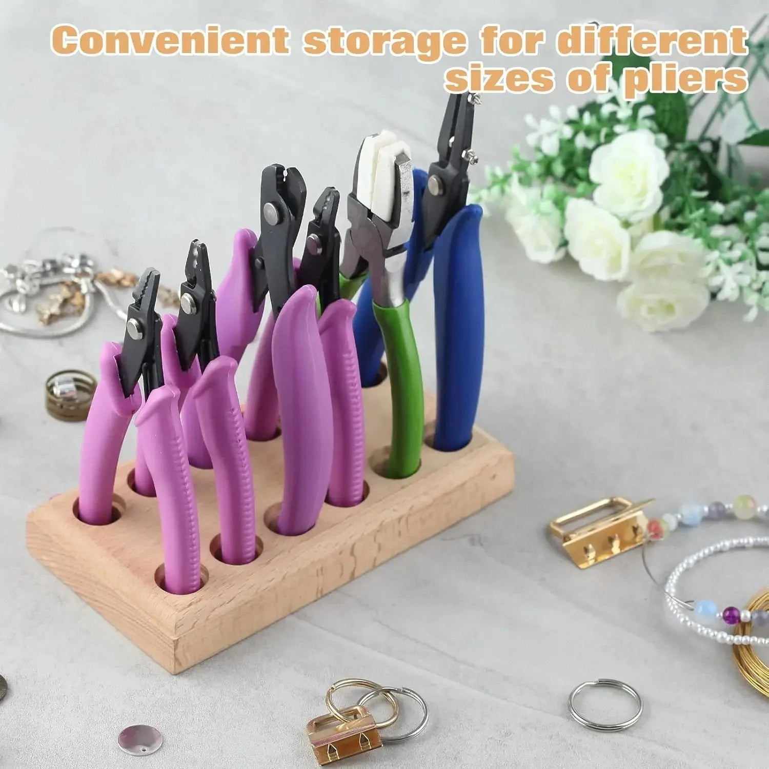 Estante organizador de alicates de madera dura con 12 agujeros, almacenamiento compacto para 6 alicates, soporte para herramientas de joyería, bloque de taller que ahorra espacio