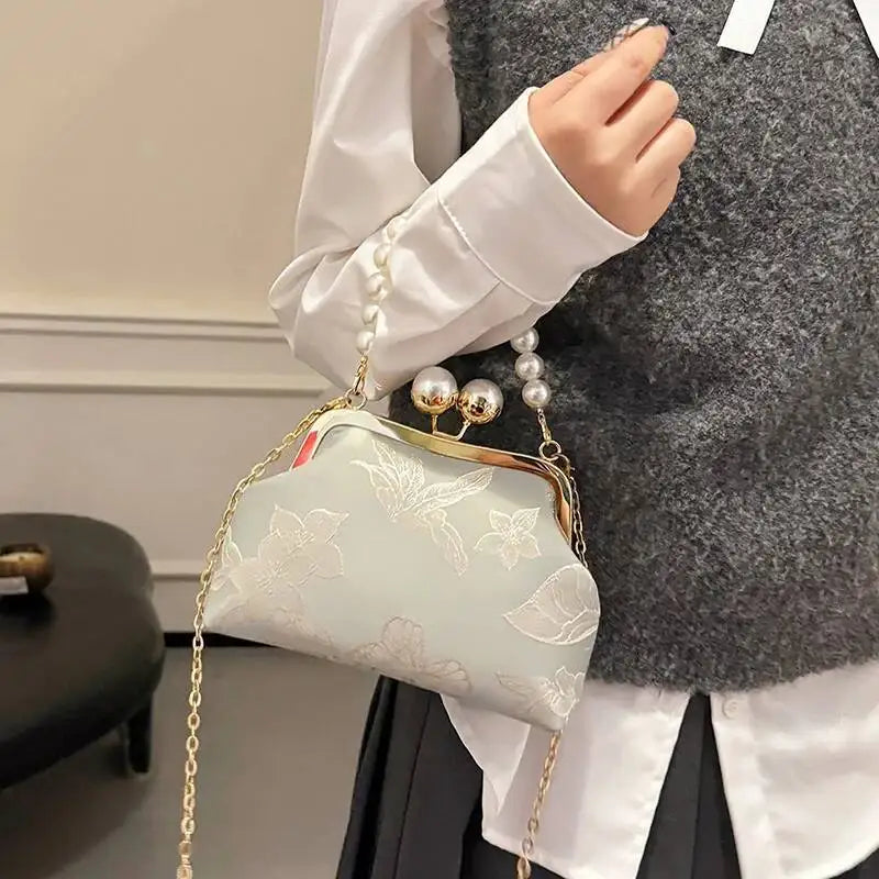 Bolso de mano bordado de estilo bohemio para mujer, bolsos de hombro con patrón floral, elegante bolso con correa de cadena y asa de metal, cartera de regalo