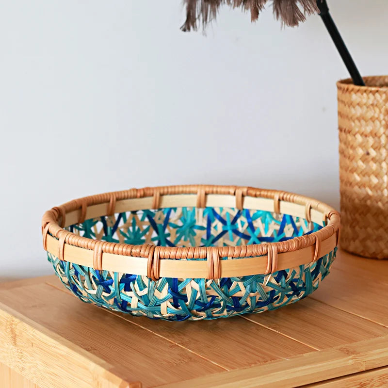 Cesta tejida colorida hecha a mano, bandeja de almacenamiento de aperitivos de frutas secas, cestas de almacenamiento de aperitivos de frutas secas hechas de bambú, cesta de picnic de frutas
