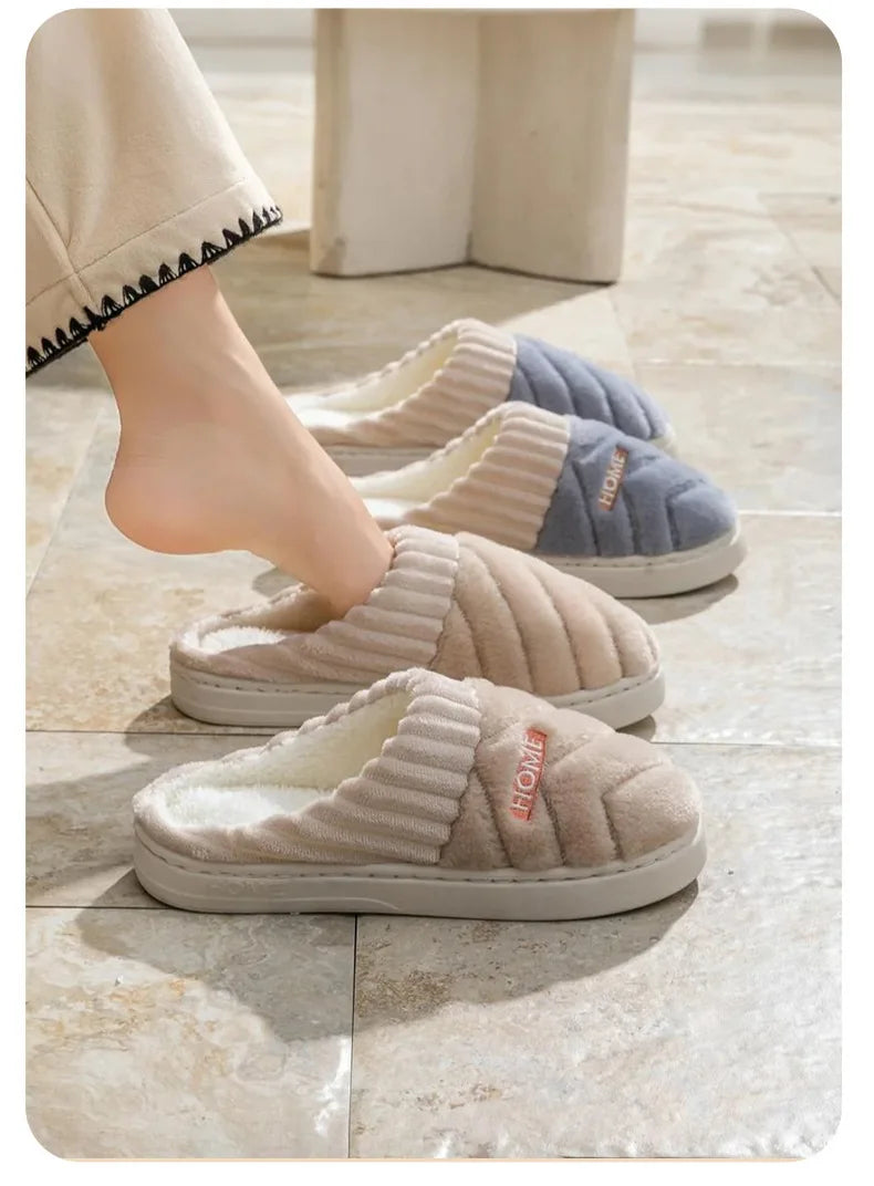 Zapatillas de casa informales para mujer, pantuflas de felpa de fondo suave, pantuflas térmicas antideslizantes, zapatillas planas informales a la moda para interiores e invierno para hombre