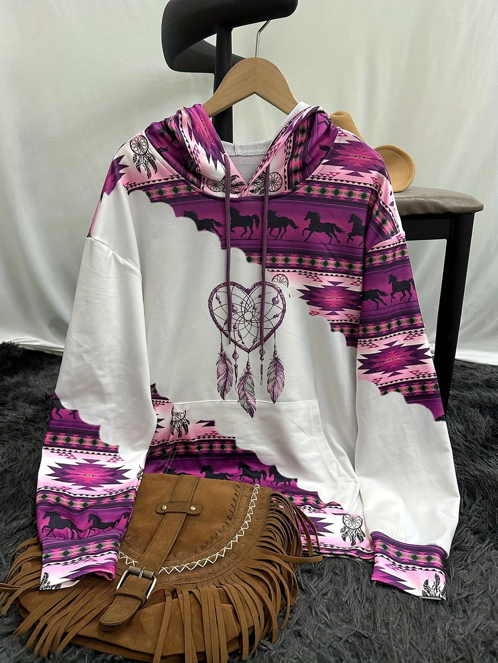 Sudadera con capucha de cuello redondo para mujer, informal, a la moda, estilo étnico occidental, estampado retro, top con capucha para mujer