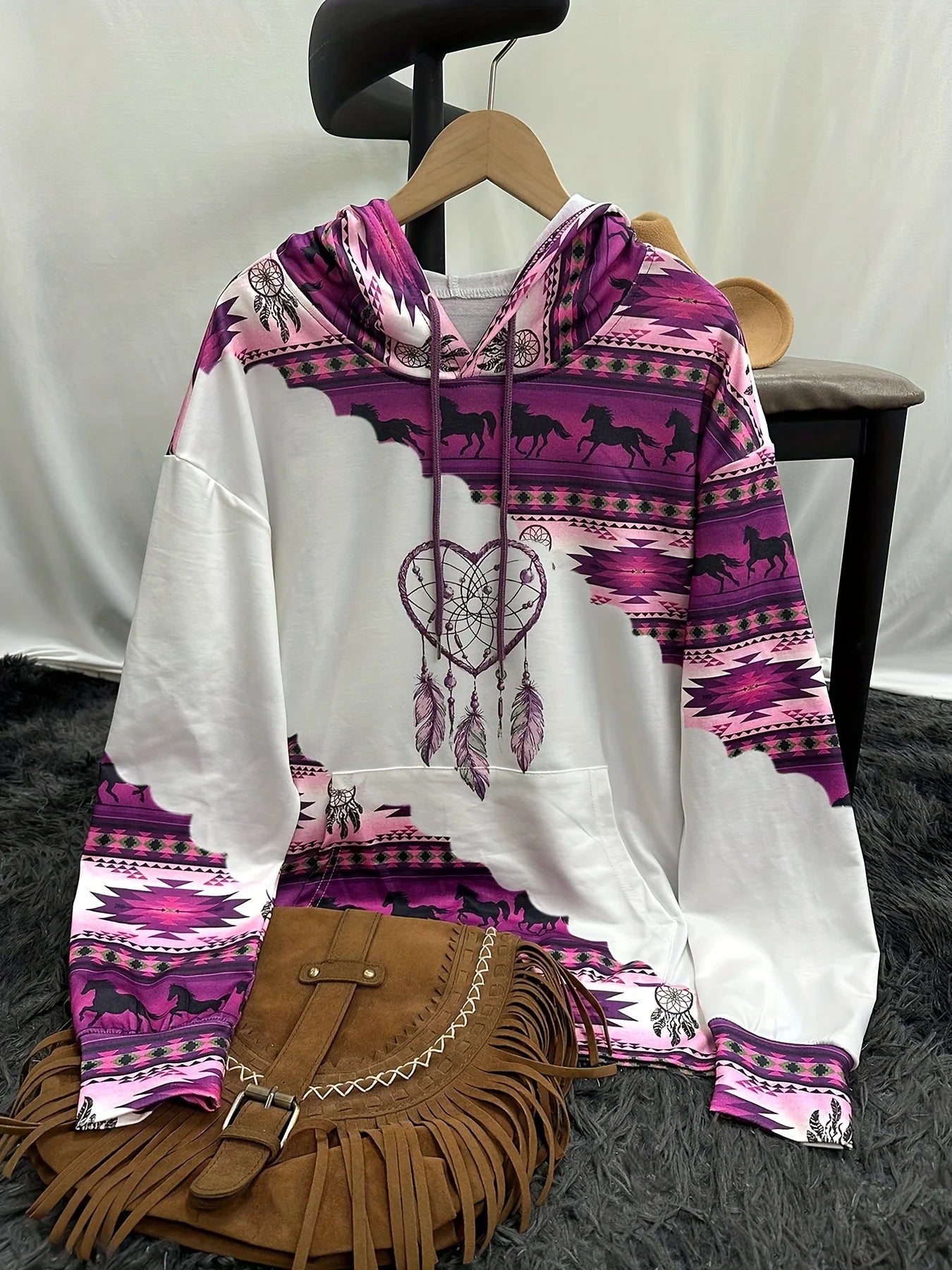Sudadera con capucha de cuello redondo para mujer, informal, a la moda, estilo étnico occidental, estampado retro, top con capucha para mujer