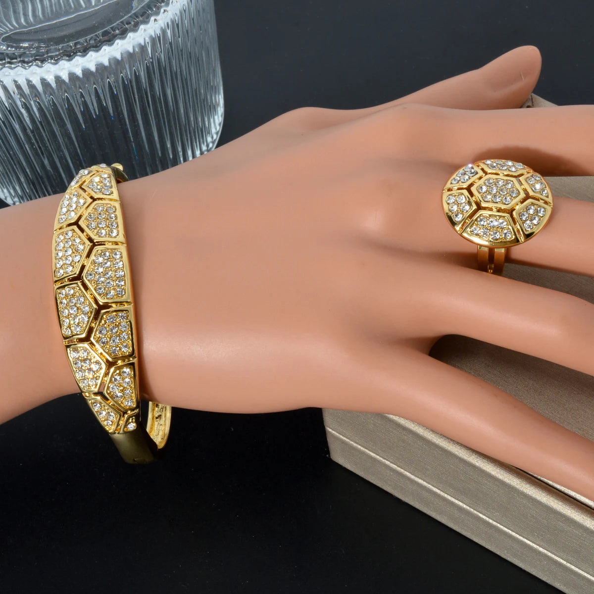 Sunny Jewelry-Conjunto de boda nupcial, circonita de acorita, pendientes chapados en oro clásico, collar, pulsera, anillo para mujer, regalo de aniversario