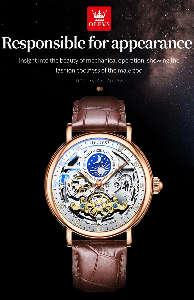 OLEVS Relojes de esqueleto, reloj mecánico automático para Hombre, reloj deportivo Tourbillon, reloj de pulsera informal de negocios con forma de Luna, Relojes para Hombre