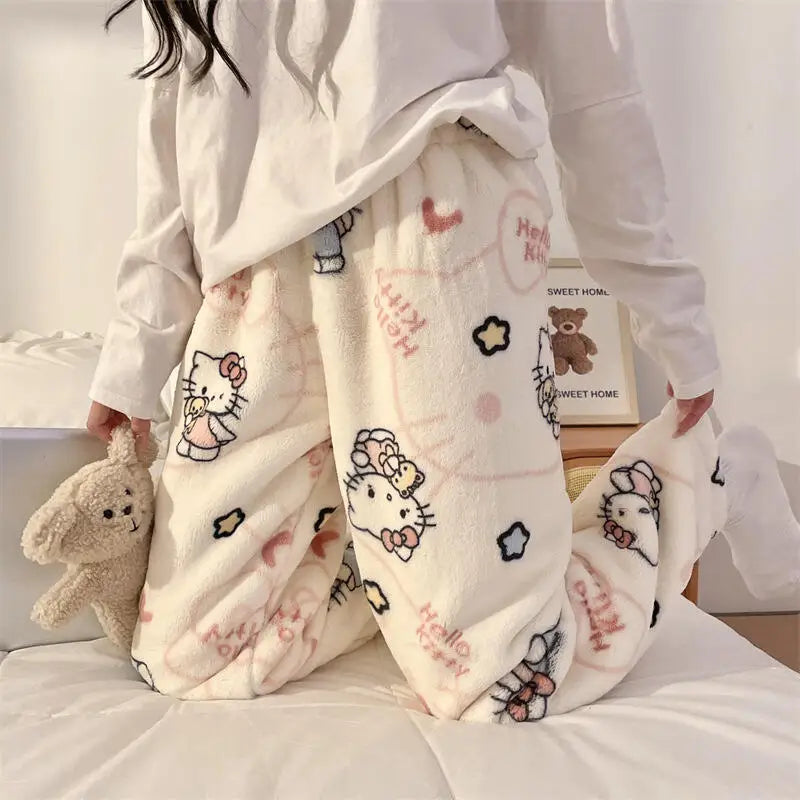Pantalones de pijamas de franela de invierno para mujer, pantalones de felpa de Hello Kitty Sanrio Kawaii, pantalones cálidos de terciopelo Coral grueso para dormir, pantalones de casa