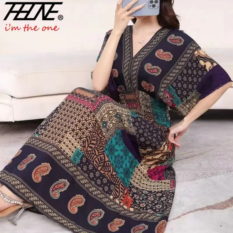 Vestido largo de cuerda Para Mujer, traje bohemio con cuello en V, estilo Retro, informal, estampado coreano, Verano
