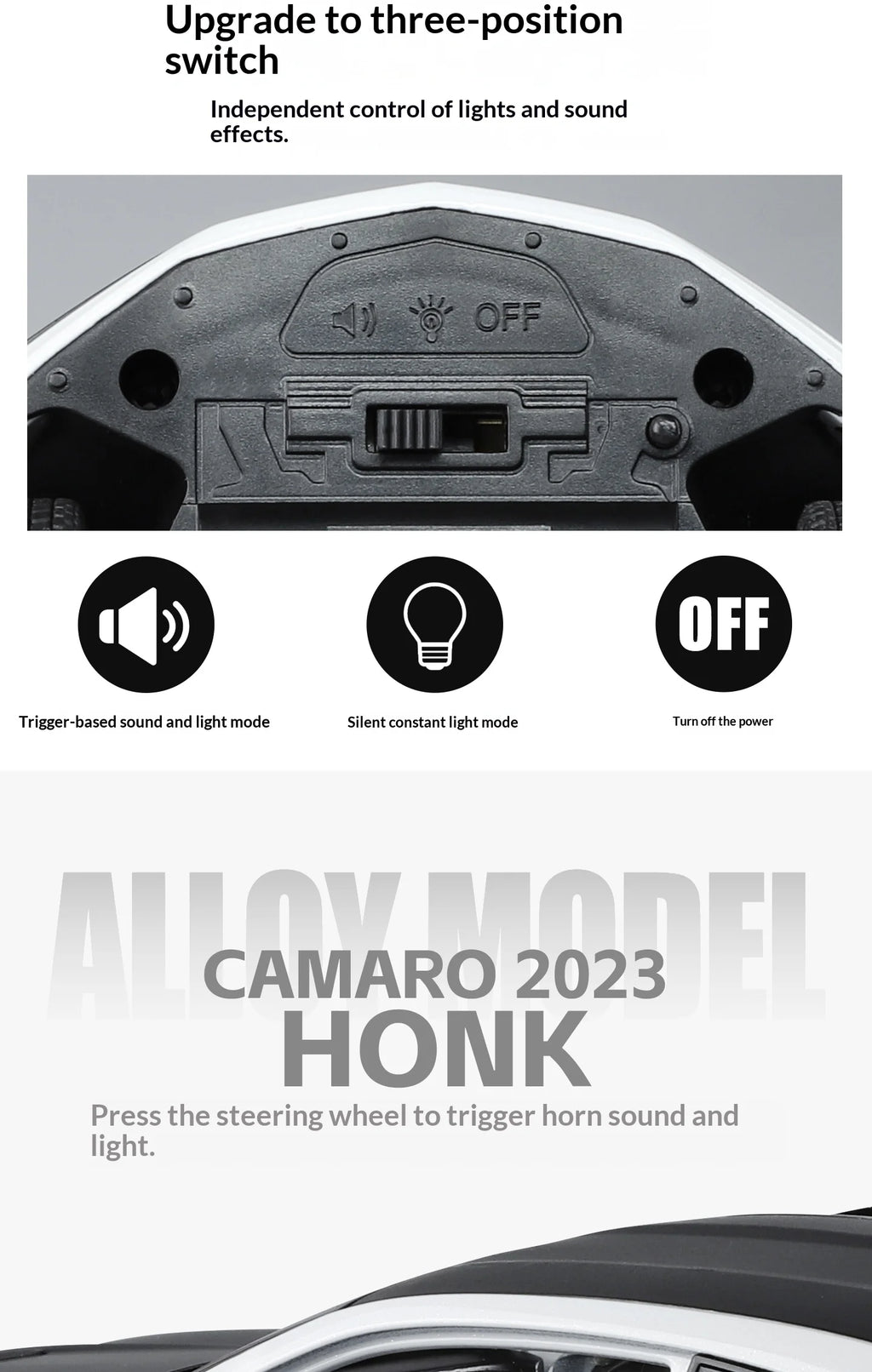 Modelo de coche de aleación Camaro - Puertas abiertas - Absorción de impactos de neumáticos de goma - Cuerpo de metal fundido a presión - Decoraciones para automóviles