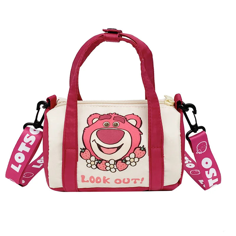 Bolso de hombro de lona de punto para mujer, bolso cruzado informal con oso de fresa de dibujos animados, desplazamientos diarios
