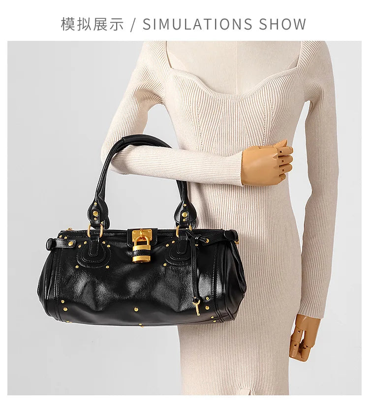 Bolso con Cabeza de Candado Retro, Bolso con Almohada con Remaches, Bolso de Chica Estilo Millennium, Bolso Cruzado para Ir al Trabajo