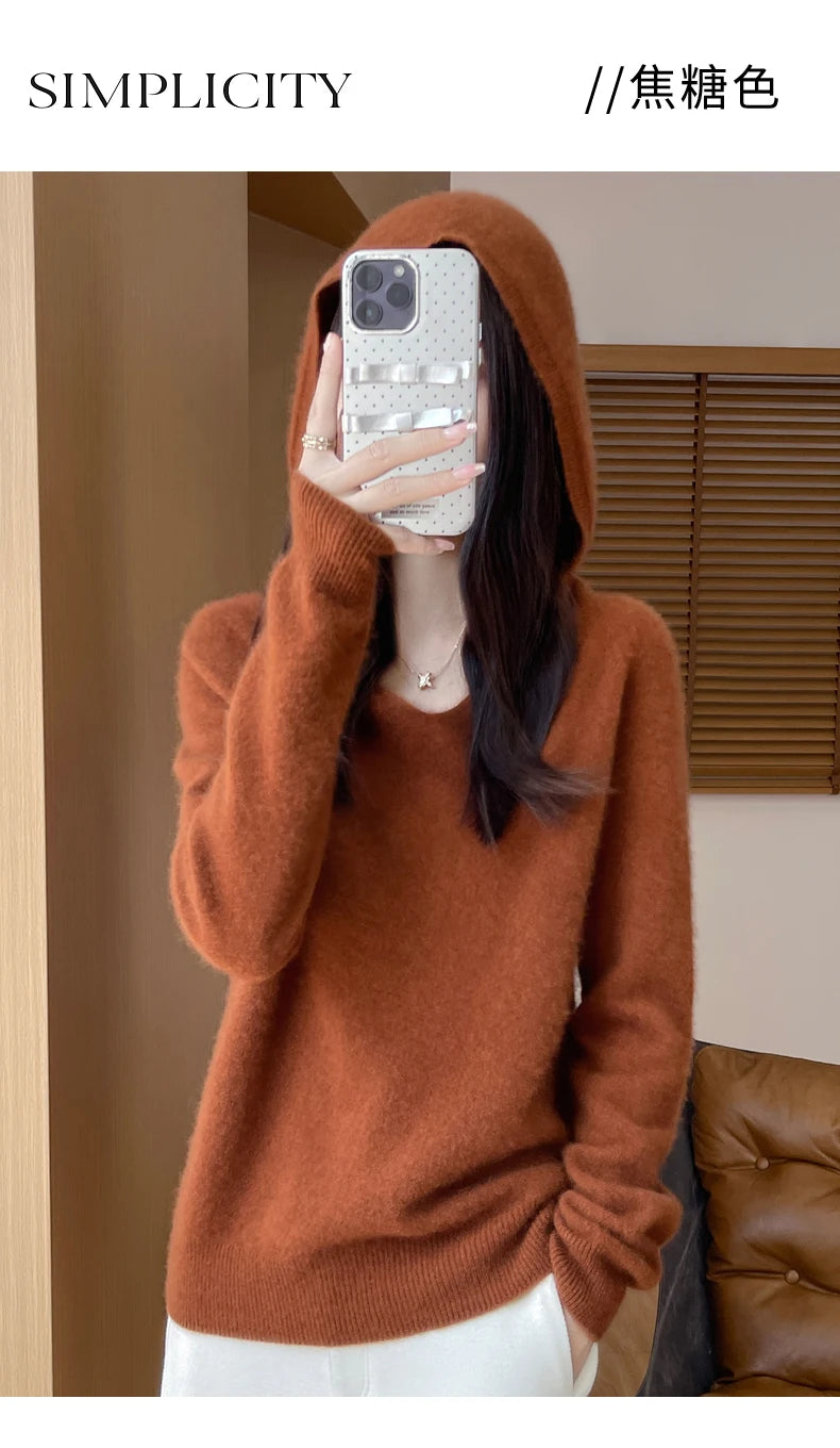 Ropa de Otoño Invierno para mujer, jersey con cuello con capucha, suéter de lana merina de 100%, Tops de Cachemira a la moda, prendas de punto suaves