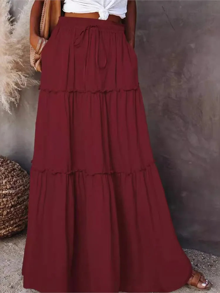 Falda larga de Color liso para mujer, falda en capas de seta de moda, falda elástica de cintura alta con volantes, primavera y otoño, nueva