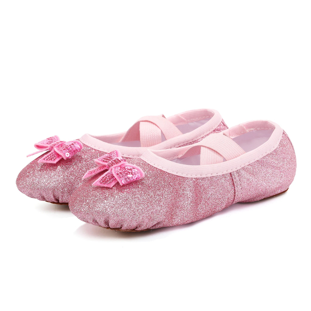 Zapatos de baile para niños, zapatos planos de Ballet para niñas, lazo de arcoíris, lentejuelas, cuero, suela blanda, actuación