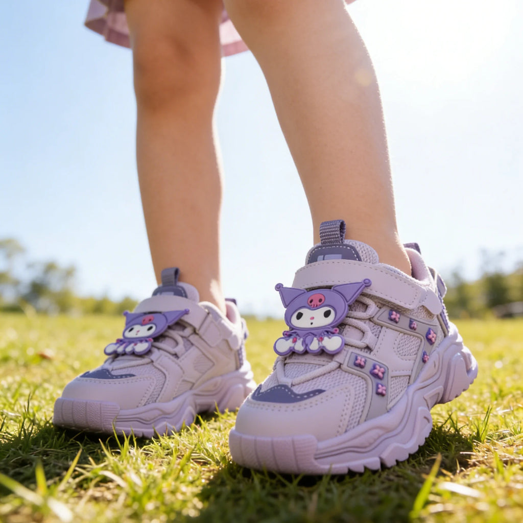 Zapatos informales para niños, zapatillas de deporte con dibujos animados Kuromi, zapatos de primavera de cuero PU para niñas, zapatos antideslizantes con Velcro rosa Pruple, talla 26-37