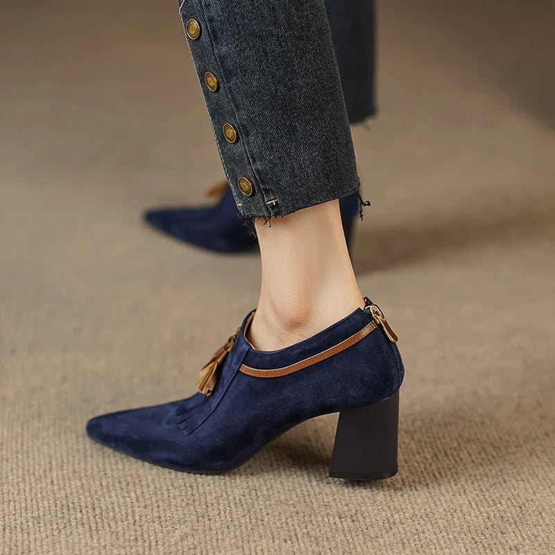 2025 primavera zapatos de mujer puntiagudos tacón grueso zapatos de tacón alto de gamuza de oveja zapatos con hebilla de cinturón para mujer zapatos de mujer