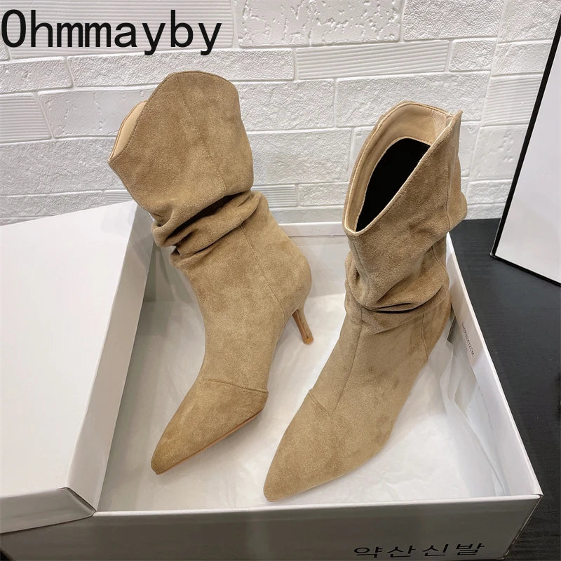 Botines Vintage con punta estrecha para Mujer, Botas cortas sin cordones con tacón alto conciso para otoño, Zapatos De Mujer