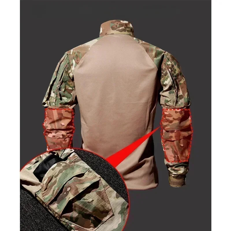 Conjuntos tácticos al aire libre, ropa para hombre, camisas multibolsillos + pantalón Cargo recto, trajes de 2 piezas, conjunto táctico resistente al viento de camuflaje