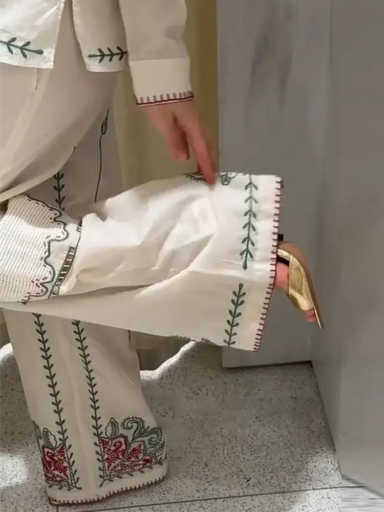 Conjunto de camisa de solapa bordada Retro, pantalón largo, camisas informales elegantes con una botonadura, conjuntos de pantalones rectos, trajes elegantes de verano