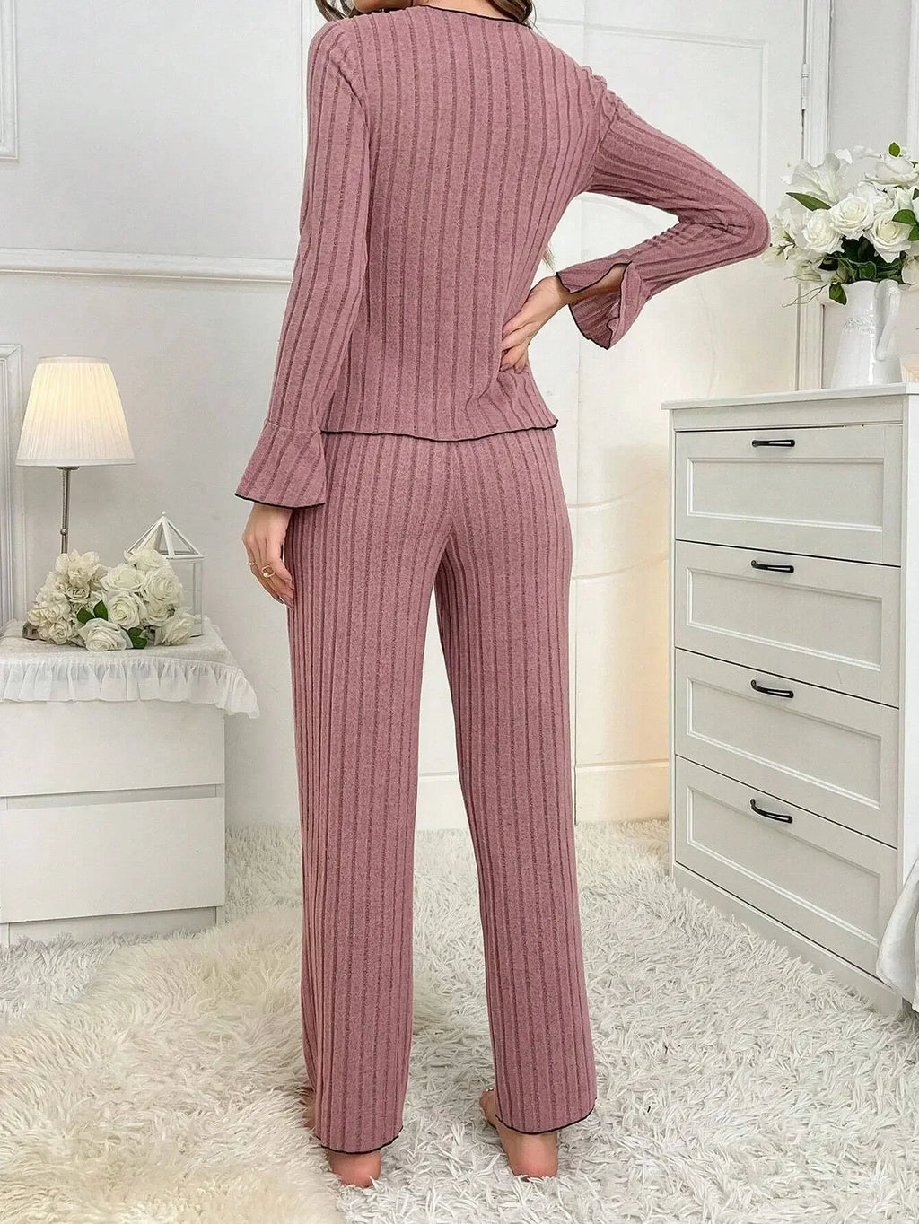 Conjunto de Pijama de otoño e invierno para mujer, Tops y pantalones de manga larga a la moda con lazo de solapa de franela cálida, ropa de dormir, traje para casa