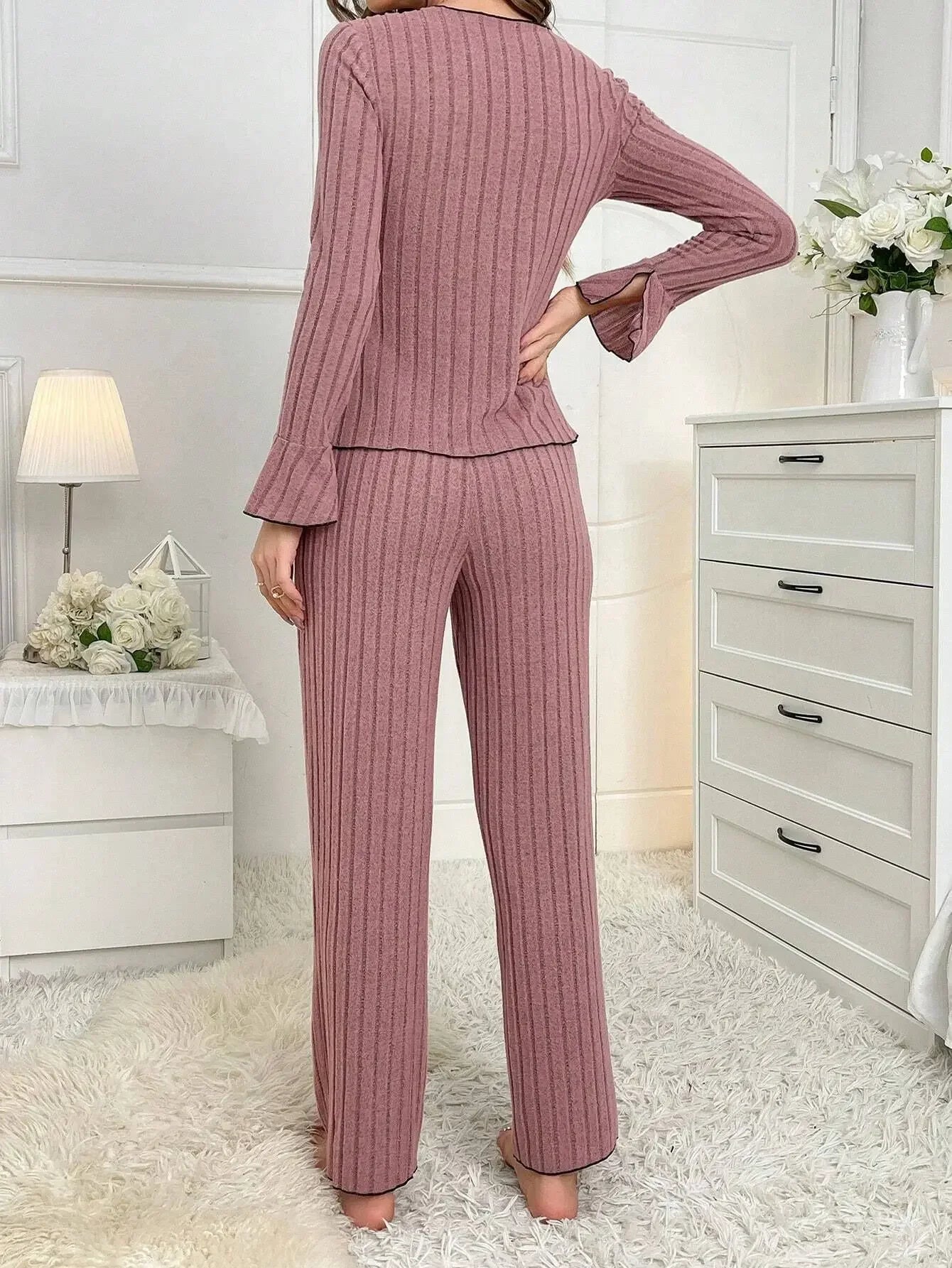 Conjunto de Pijama de otoño e invierno para mujer, Tops y pantalones de manga larga a la moda con lazo de solapa de franela cálida, ropa de dormir, traje para casa