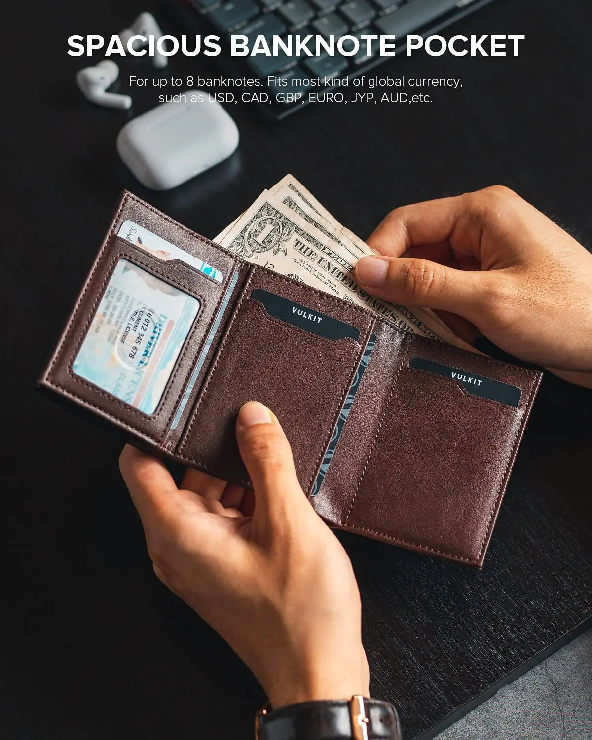 Tarjetero para hombre con bolsillo para dinero, billetera minimalista emergente de cuero PU con bloqueo RFID, funda para tarjetas bancarias de Metal delgada