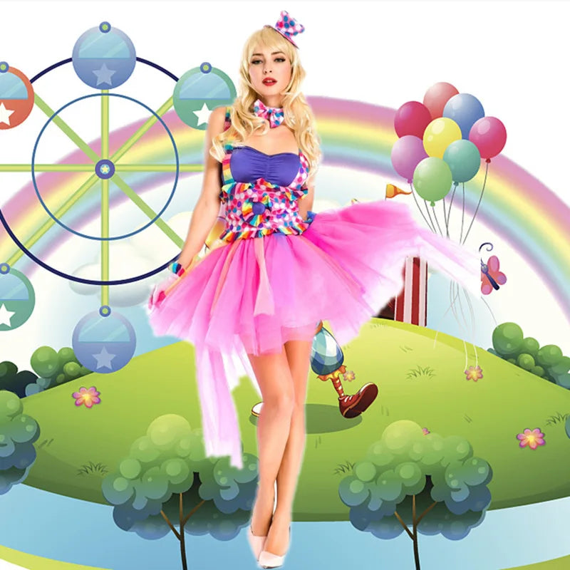Disfraz de Halloween clásico, vestidos de Color caramelo, payaso de circo, disfraces de Cosplay, conjunto de ropa de rendimiento para fiesta de carnaval, vestido divertido