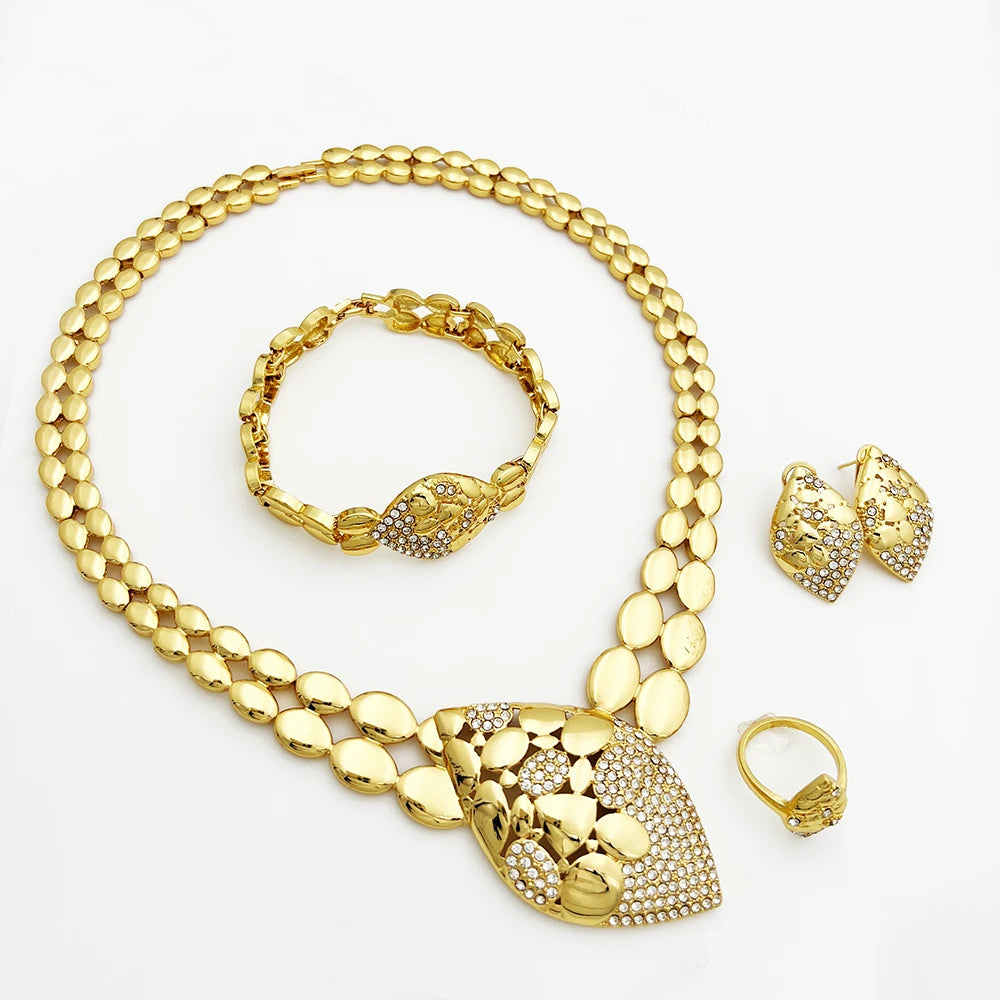 Conjuntos de joyas de calidad para mujer, diseño de lujo, collar de Color dorado, pendientes, anillo, pulsera, regalo de fiesta de boda